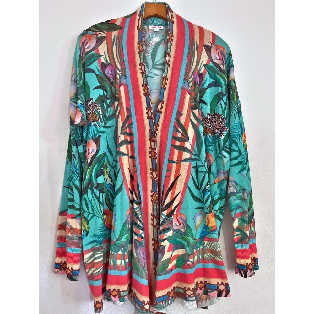 Johnny Was Cardigan Womens L Multicolor play Tropical Jungle Parrot Leopard Knit